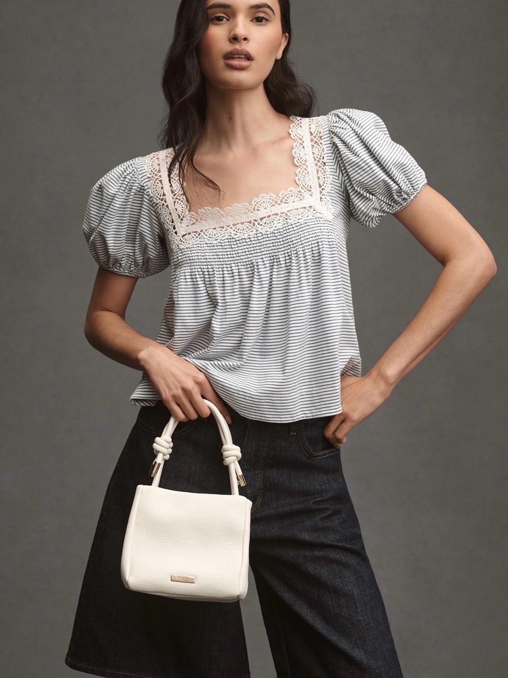 Maeve Anthropologie Striped Puff Sleeve Lace Top Size L